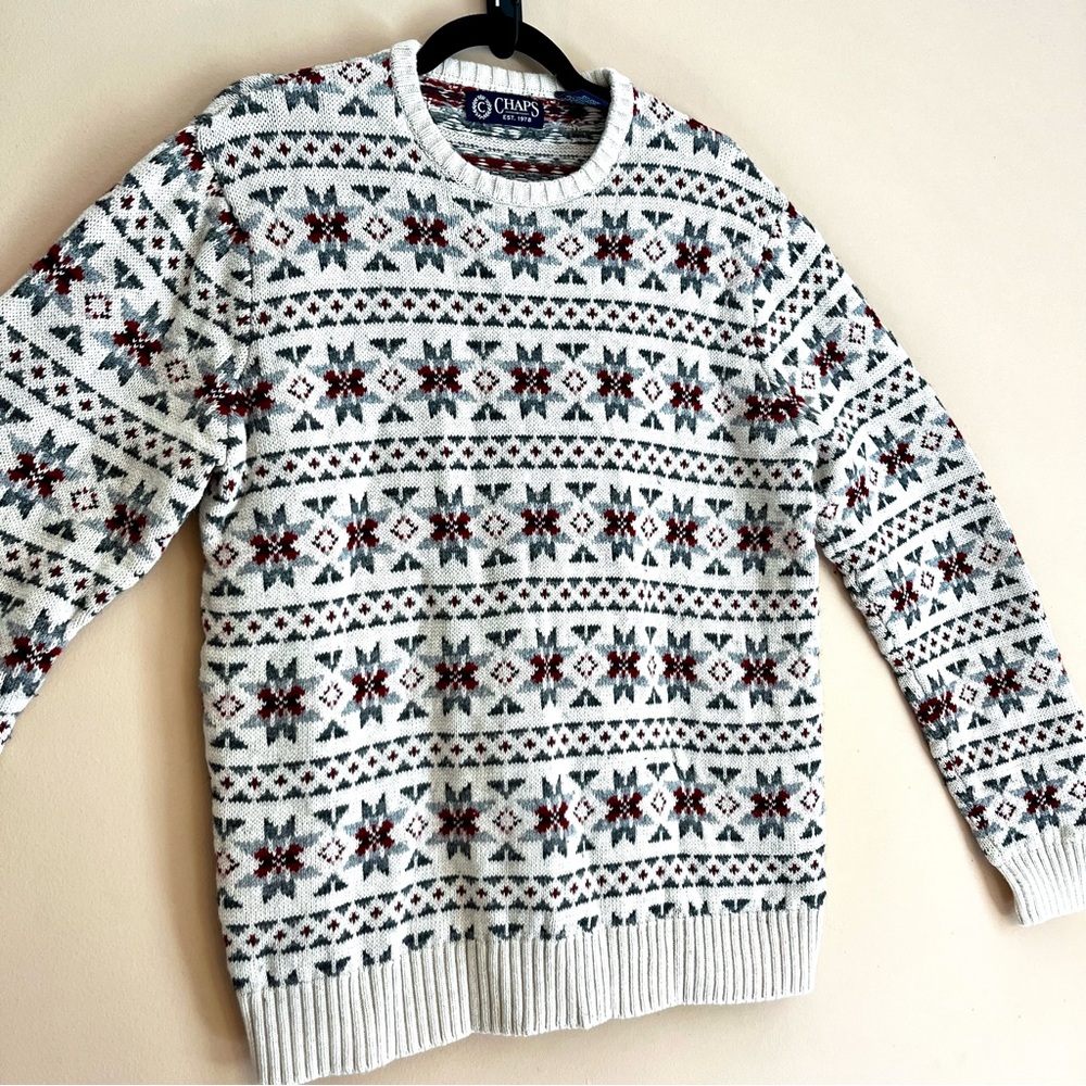 Chaps Men's White, Grey, and Red Fair Isle Patterned Crewneck Sweater Size L
